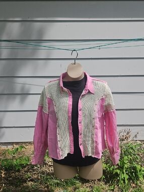 POL Pink Button-Up Mesh Accent Shirt